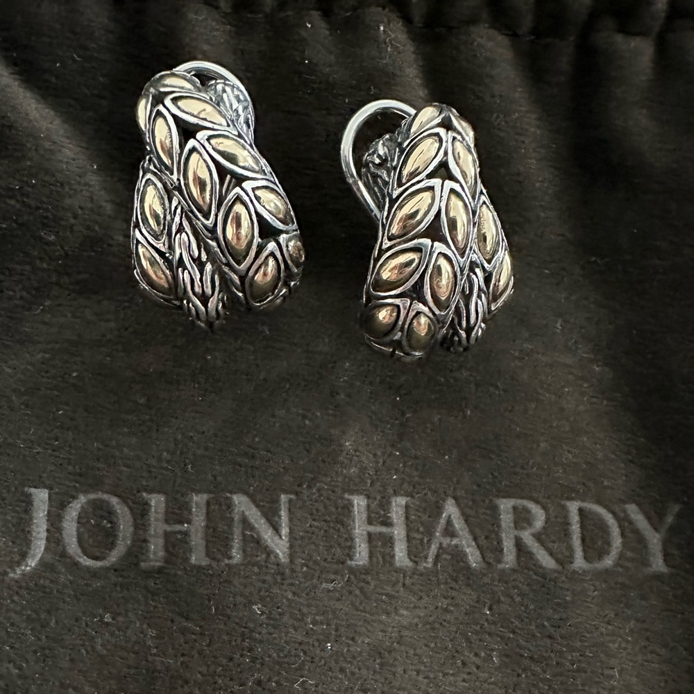 John Hardy silver and gold overlap leaf earrings